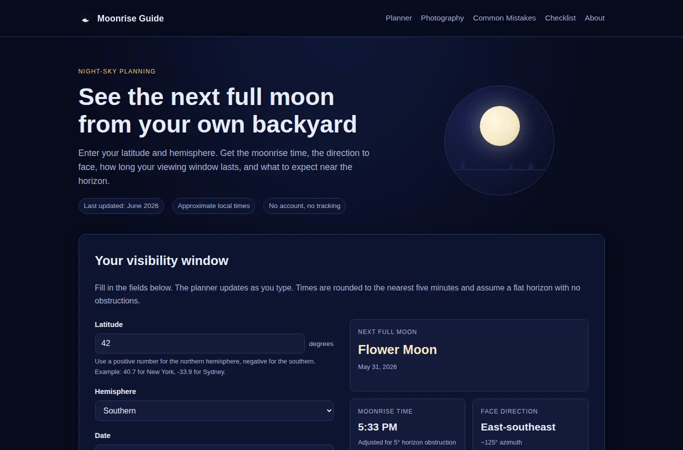 Screenshot of Moonrise Visibility Window Guide interface showing the project page in use